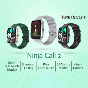 Three Fire-Bolt Ninja Call 2 smartwatches in different colors - green, grey, and black.