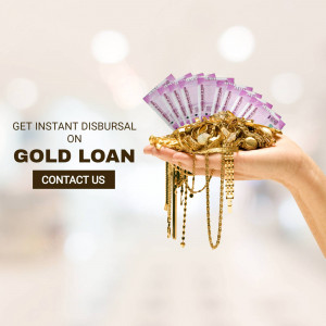 Hand holding gold jewelry with Indian currency, promoting instant gold loan disbursement.