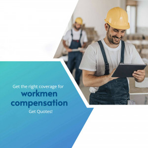 Two construction workers reviewing information on a tablet, promoting workmen's compensation insurance.