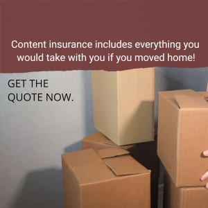 Stacked cardboard boxes with text about content insurance