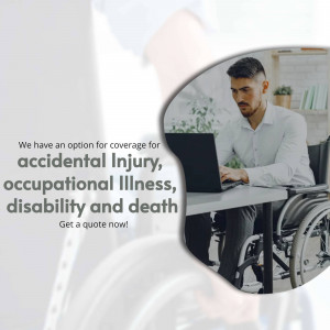 Man in a wheelchair working on a laptop with insurance text overlay