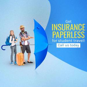 Image of a couple with travel gear under a large blue umbrella promoting paperless student travel insurance.