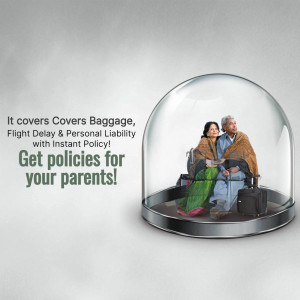 An elderly couple inside a glass dome with luggage, promoting travel insurance.