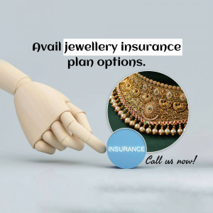 Advertisement for jewellery insurance plan with a mannequin pointing towards a gold necklace.