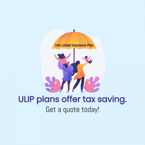 Illustration of a family under an umbrella with text promoting ULIP insurance plans and tax savings.