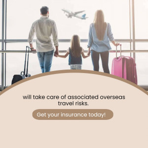 Family looking at an airplane through an airport window with travel insurance promotion.