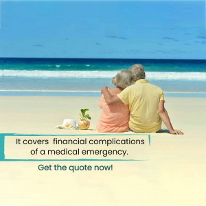 Elderly couple sitting on a beach, looking at the ocean, with text about financial emergency coverage.