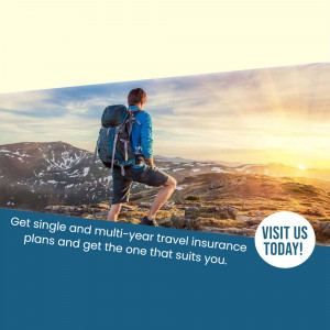 Backpacker looking at a mountain view with travel insurance advertisement