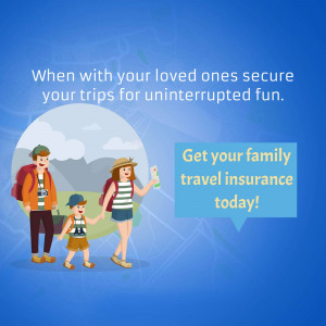 Illustration of a family hiking with text promoting travel insurance.