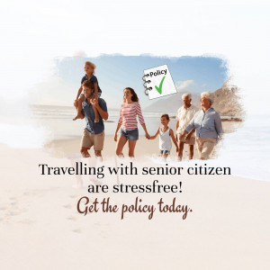 Happy family walking on the beach with a policy checkmark, promoting stress-free travel with senior citizens.