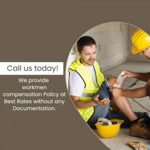 A construction worker receiving first aid on his knee from a colleague, with text promoting workmen's compensation.