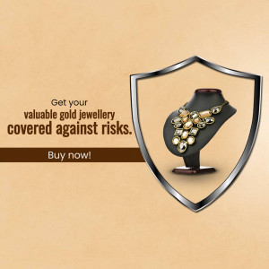 Advertisement for gold jewellery insurance with a shield and necklace