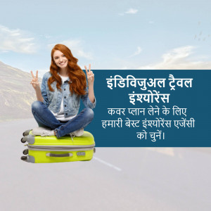 Woman sitting on a suitcase with a peace sign, promoting travel insurance.