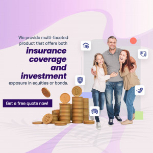 Family standing with icons representing insurance and investment options.