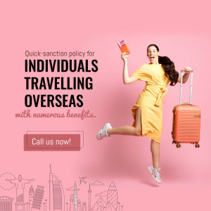 Woman jumping with suitcase promoting overseas travel insurance