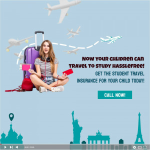 Woman with luggage and airplanes, promoting student travel insurance