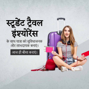Young woman with luggage and travel accessories promoting student travel insurance.