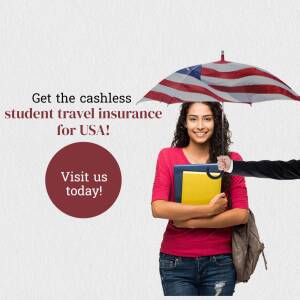 Young woman with an American flag umbrella promoting student travel insurance