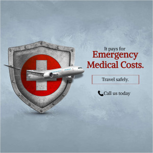 Shield with a plane and a medical cross, promoting emergency medical travel insurance.