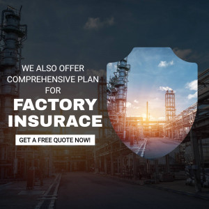 Image depicting factory insurance with a shield overlaying an industrial landscape.