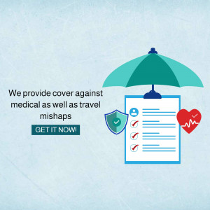 Illustration of an umbrella over a checklist representing travel and medical insurance coverage.