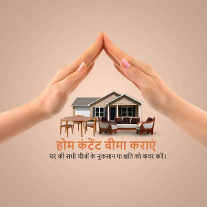 Hands forming a roof shape over a house, promoting home content insurance.