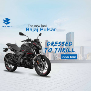 Black Bajaj Pulsar motorcycle with 'Dressed to Thrill' text and a 'Book Now' button.