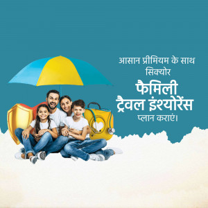 A family of four under an umbrella with travel luggage, promoting travel insurance.