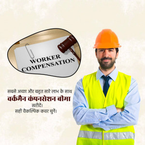 A worker wearing a hard hat and safety vest with a document related to worker compensation.