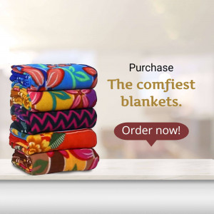 A stack of colorful, patterned blankets with a purchase call to action.