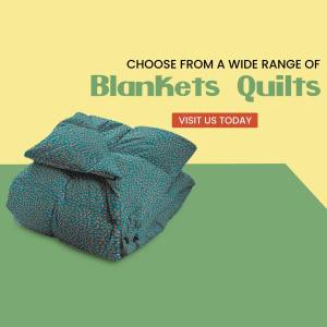 Folded teal blanket with floral pattern on a two-tone green background with text promoting blankets and quilts.