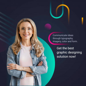 Woman smiling with graphic design elements