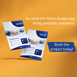 Mockup of a modern blue and white business flyer design with a call to action.