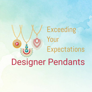 Elegant designer pendants with gemstone details on a light blue background.