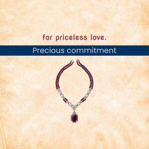 Close-up of a ruby and diamond necklace on a textured background with text 'for priceless love. Precious commitment'
