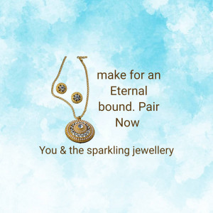 Gold necklace and earring set against a light blue background with text.