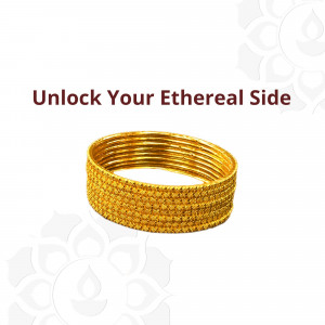 Stack of golden textured bangles on a white background with text 'Unlock Your Ethereal Side'