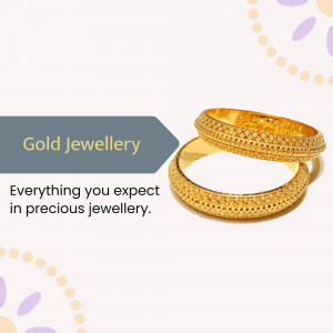 Close-up of two gold bangles with text overlay 'Gold Jewellery' and 'Everything you expect in precious jewellery'.