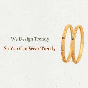 Pair of gold bangles with intricate designs on a beige background