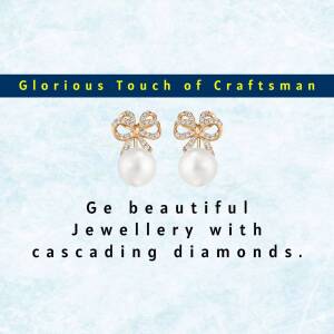 Close-up of pearl and diamond bow earrings on a blue background