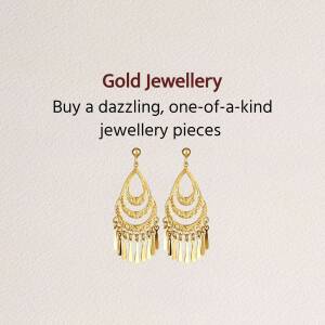 Close-up of gold earrings with text overlay promoting gold jewellery.