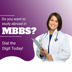 Woman in a white coat with stethoscope promoting MBBS study abroad