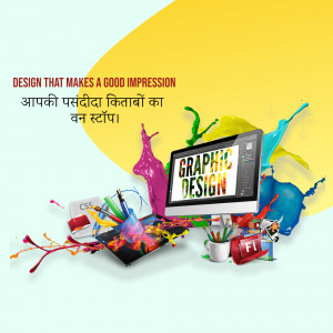 Graphic design concept with laptop, paint splashes, and design tools.