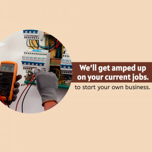 Electrician testing electrical panel with a multimeter and text promoting business opportunities.
