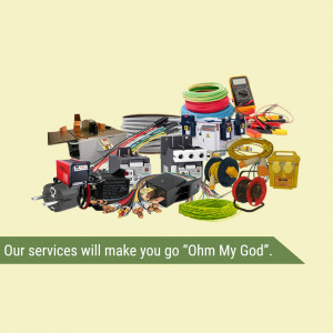 Assortment of electrical components and tools with text 'Our services will make you go Ohm My God'.