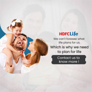 A happy family with a father carrying a daughter on his shoulders and a mother looking on, promoting HDFC Life insurance.
