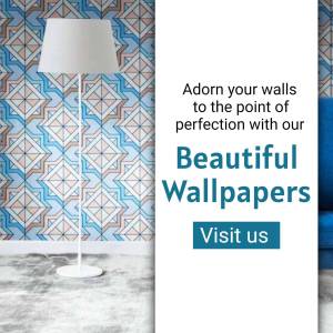 Advertisement for beautiful wallpapers with a geometric pattern and a white floor lamp.