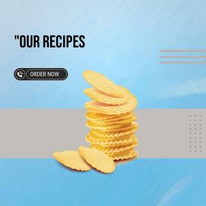 Stack of golden, crispy potato chips with a call to action to order now.