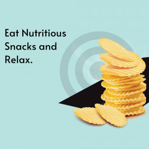 A stack of potato chips with text promoting nutritious snacks and relaxation.