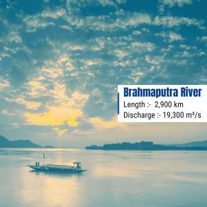 Scenic view of the Brahmaputra River with text overlay showing its length and discharge.